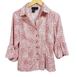 Ninety button up bubble hem sleeve spiral pattern printed blouse woman's size M